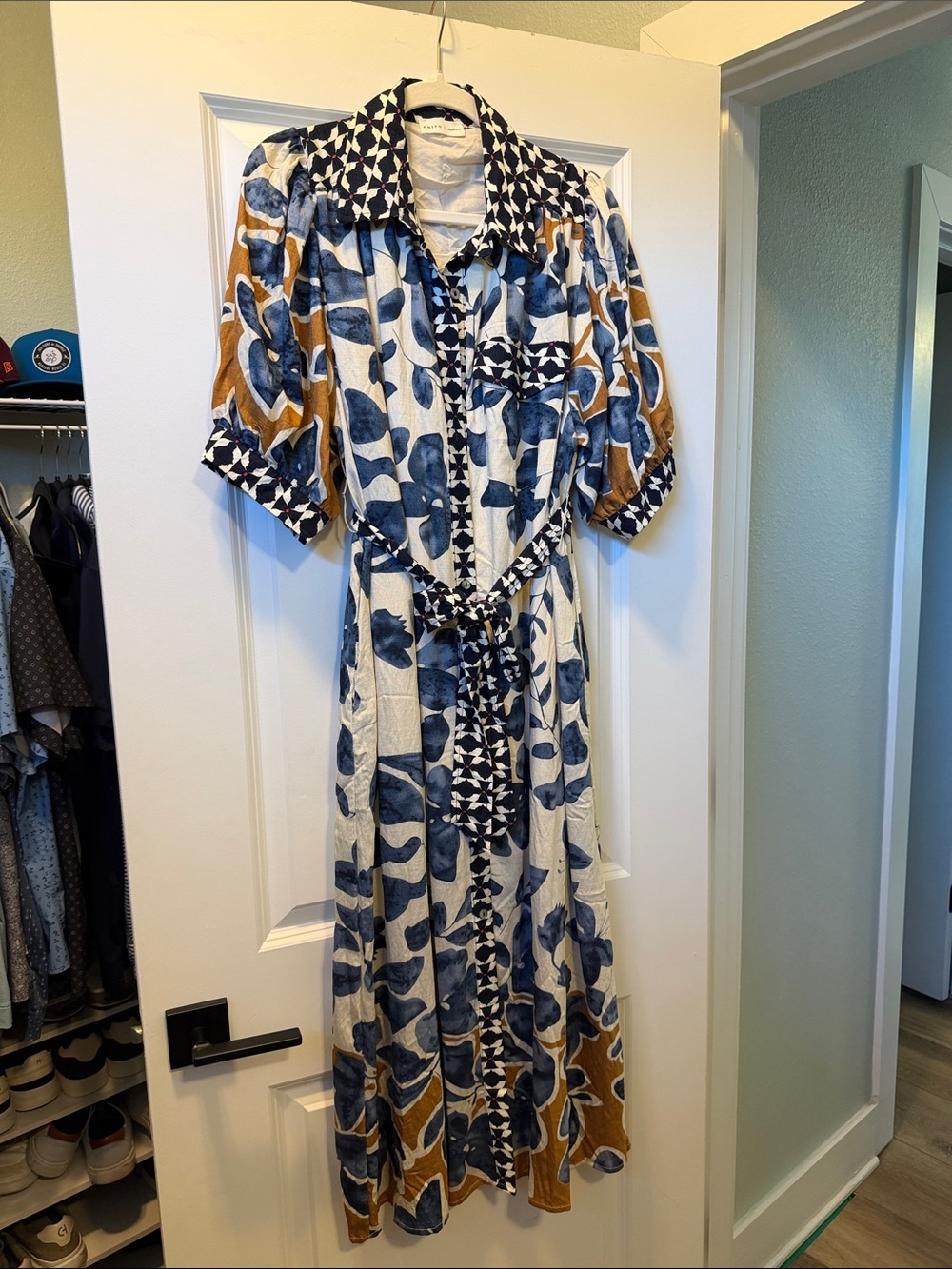 Blue and tan Floral Tie-Waist Shirt Dress